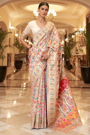 Cream Handloom Silk Trendy Saree For Function