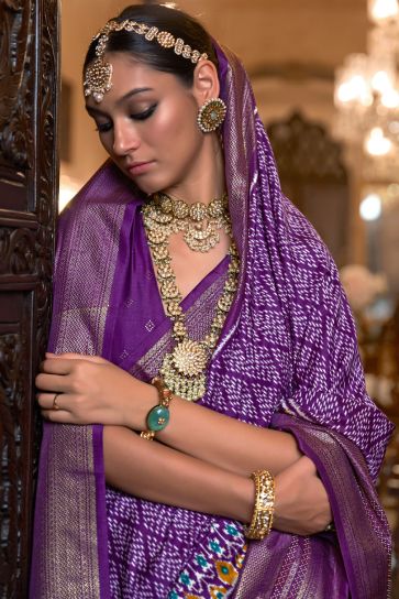 Fashionable Printed Patola Silk Purple Color Saree