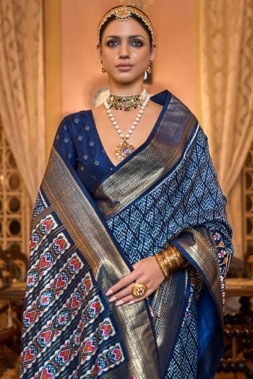 Vibrant Navy Blue Color Patola Silk Printed Saree for Function Occasions