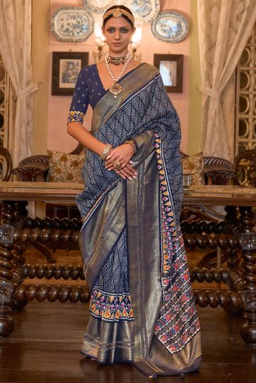 Vibrant Navy Blue Color Patola Silk Printed Saree for Function Occasions