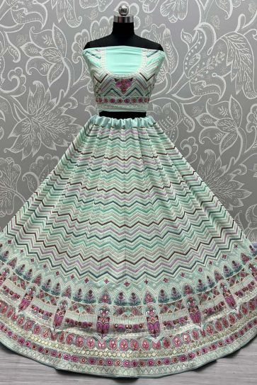 Light Cyan Color Georgette Fabric Aloof Wedding Wear Thread Embroidered Work Lehenga With Net Dupatta