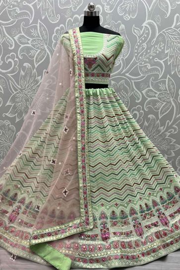 Sea Green Color Wedding Wear Splendid Thread Embroidered Work Lehenga With Net Dupatta In Georgette Fabric