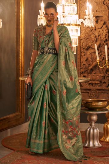Fashionable Green Color Weaving Designs Silk Saree 