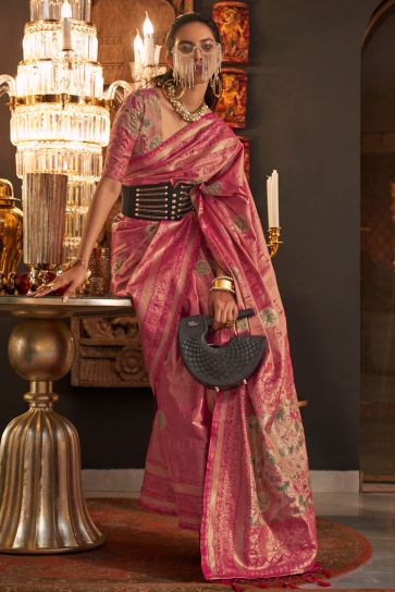 Pink Color Charismatic Weaving Designs Silk Saree 