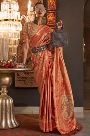 Ingenious Weaving Designs Orange Color Silk Saree 