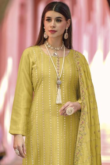 Party Style Chinon Fabric Brilliant Salwar Suit In Yellow Color