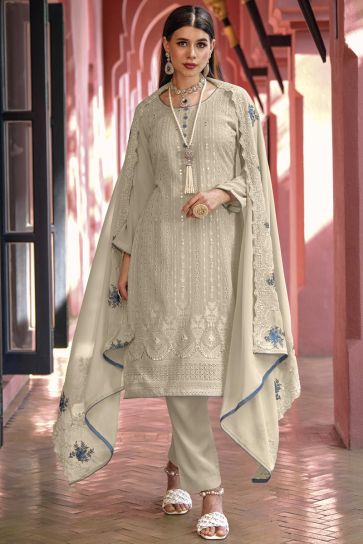 Beige Color Georgette Fabric Party Style Elegant Salwar Suit