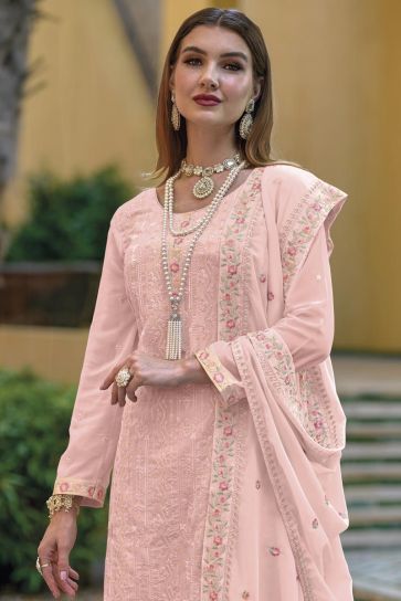Party Style Georgette Fabric Peach Color Splendid Salwar Suit
