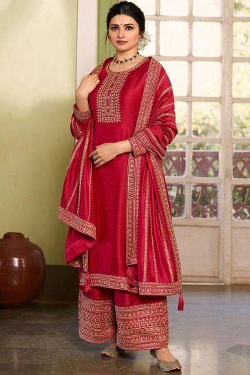 Georgette Fabric Function Wear Embroidered Work Brilliant Palazzo Suit Featuring Prachi Desai In Red Color