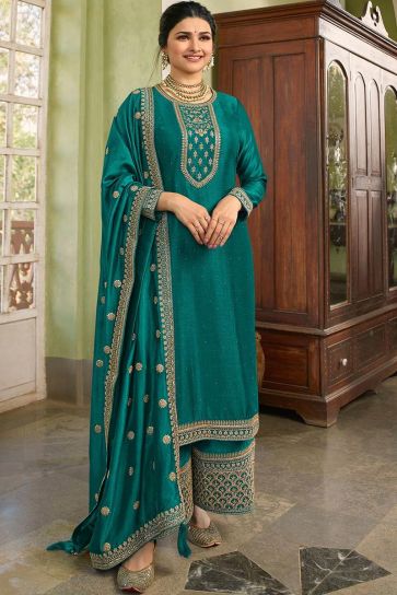 Function Wear Georgette Fabric Teal Color Embroidered Work Soothing Palazzo Suit Featuring Prachi Desai