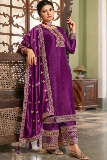 Georgette Fabric Embroidered Work Function Wear Wonderful Palazzo Suit Featuring Prachi Desai In Purple Color