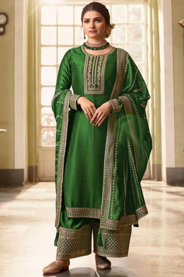 Green Color Function Wear Embroidered Work Georgette Fabric Lovely Palazzo Suit Featuring Prachi Desai