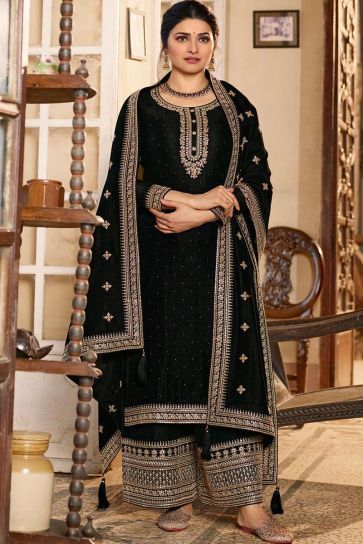 Function Wear Embroidered Work Georgette Fabric Black Color Enticing Palazzo Suit Featuring Prachi Desai