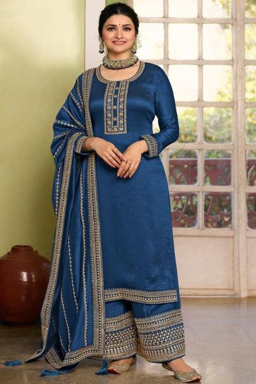 Blue Color Georgette Fabric Function Wear Embroidered Work Chic Palazzo Suit Featuring Prachi Desai