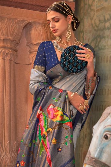 Printed Designs On Grey Color Art Silk Fabric Remarkable Saree