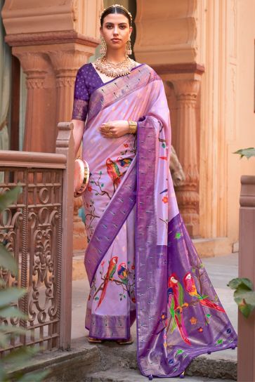Printed Work Art Silk Fabric Superior Saree In Lavender Color