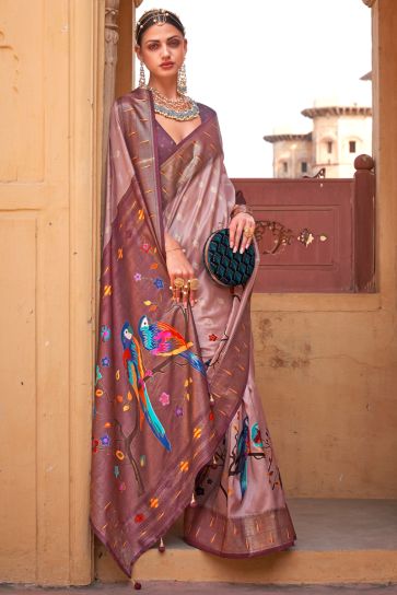 Art Silk Fabric Printed Winsome Saree In Chikoo Color