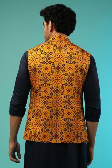 Function Wear Mustard Color Dazzling Printed Jacket In Satin Fabric