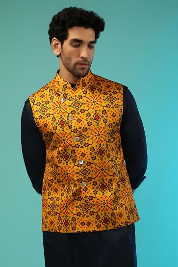 Function Wear Mustard Color Dazzling Printed Jacket In Satin Fabric