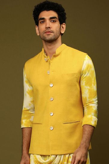 Yellow Color Satin Fabric Beguiling Jacket In Function Wear