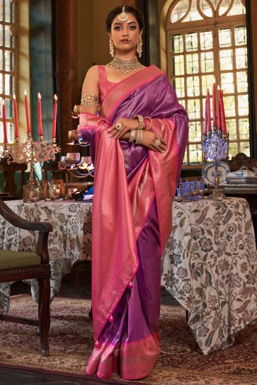 Tempting Silk Fabric Purple Color Saree With Weaving Work