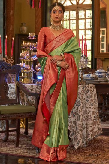 Weaving Work On Green Color Gorgeous Saree In Silk Fabric