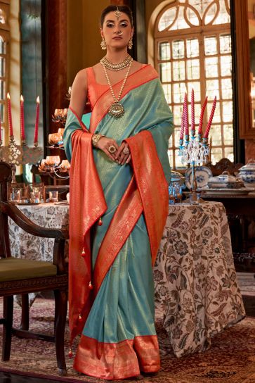 Silk Fabric Light Cyan Color Saree With Winsome Weaving Work