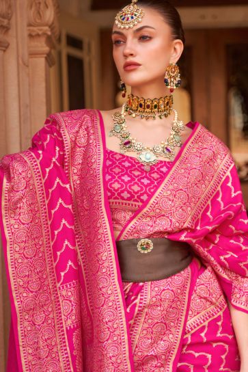 Art Silk Fabric Pink Color Banarasi Weaving Saree