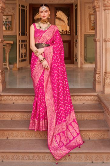 Art Silk Fabric Pink Color Banarasi Weaving Saree