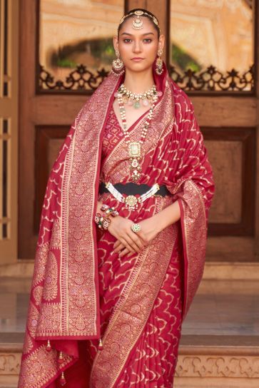Art Silk Fabric Red Color Banarasi Style Function Saree