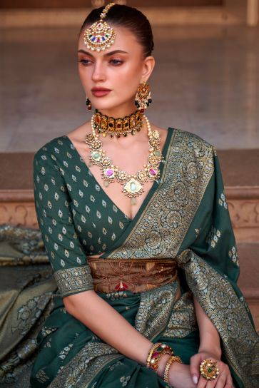 Olive Color Art Silk Fabric Banarasi Style Saree For Function