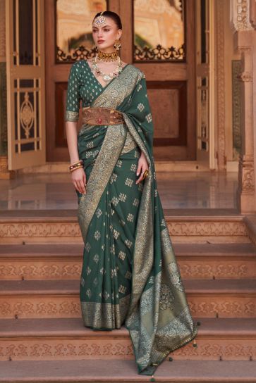 Olive Color Art Silk Fabric Banarasi Style Saree For Function