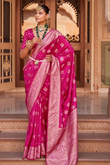 Rani Color Banarasi Style Weaving Saree In Art Silk Fabric
