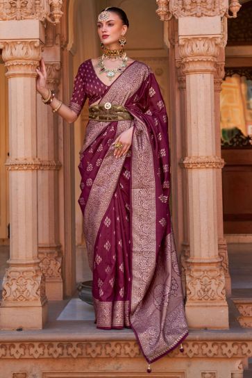 Maroon Color Art Silk Fabric Banarasi Style Saree
