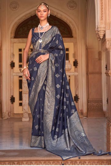Art Silk Fabric Navy Blue Color Banarasi Style Saree
