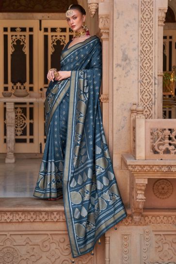Dark Grey Color Banarasi Style Art Silk Fabric Saree