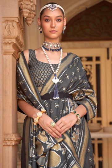 Art Silk Fabric Banarasi Style Saree In Grey Color