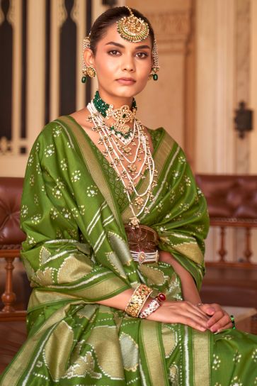 Banarasi Style Art Silk Fabric Saree In Green Color