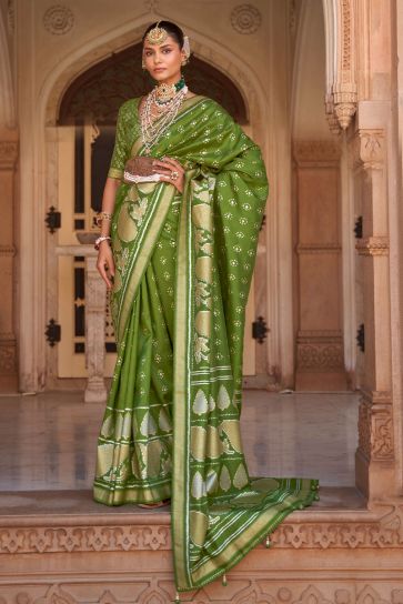 Banarasi Style Art Silk Fabric Saree In Green Color
