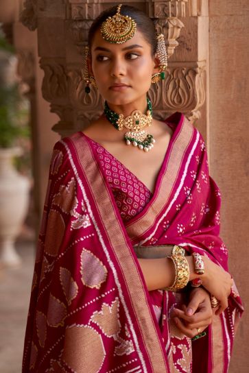 Rani Color Banarasi Style Saree In Art Silk Fabric