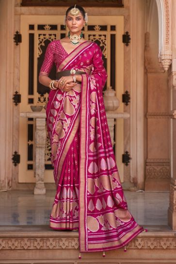 Rani Color Banarasi Style Saree In Art Silk Fabric