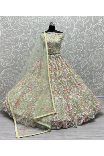 Stunning Net Fabric Fine Embroidered Bridal Lehenga in Sea Green