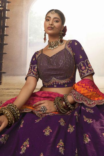 Embroidered Viscose Purple Color Lehenga For Wedding
