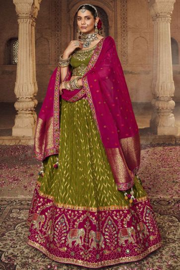 Mehendi Green Color Graceful Viscose Lehenga with Embroidered Work