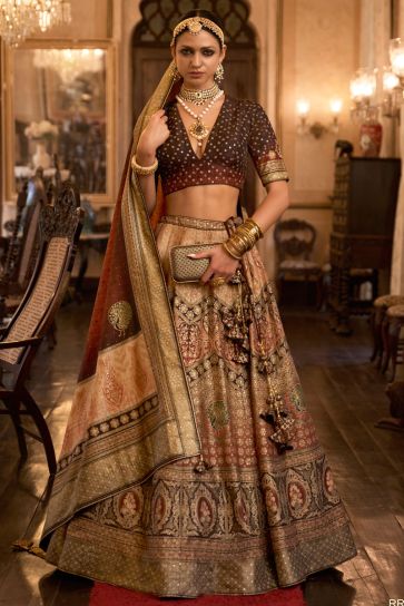 Elegant Mirror Work Silk Lehenga Choli In Brown Color