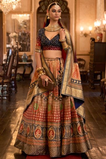 Fancy Work Designs Net Fabric Rani Color Wedding Wear Lehenga