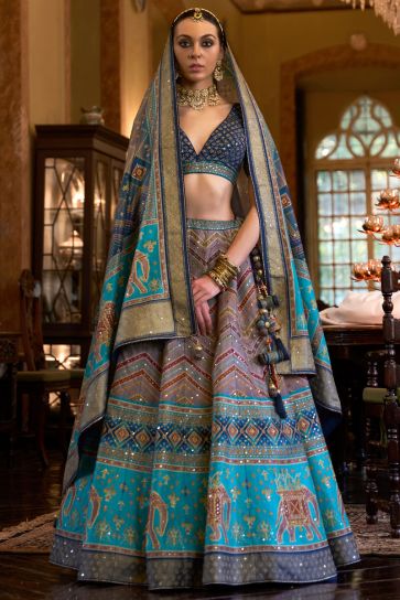 Stylish Silk Wedding Readymade Lehenga Choli With Sequins Work In Cyan Color
