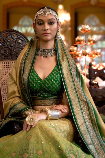 Green Color Shimmering Sequins Accents Silk Readymade Lehenga Choli 