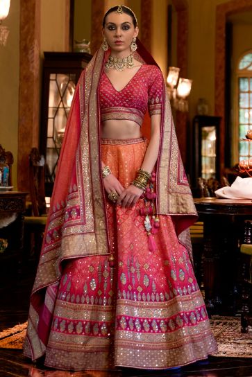 Exquisite Sequins Work Silk Readymade Lehenga Choli In Peach Color