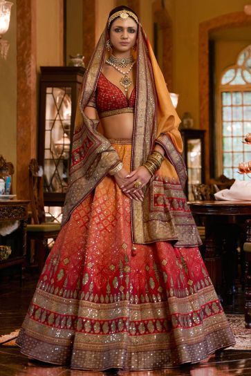 Stunning Sequins Design Silk Red Readymade Lehenga Choli for Wedding Occasions